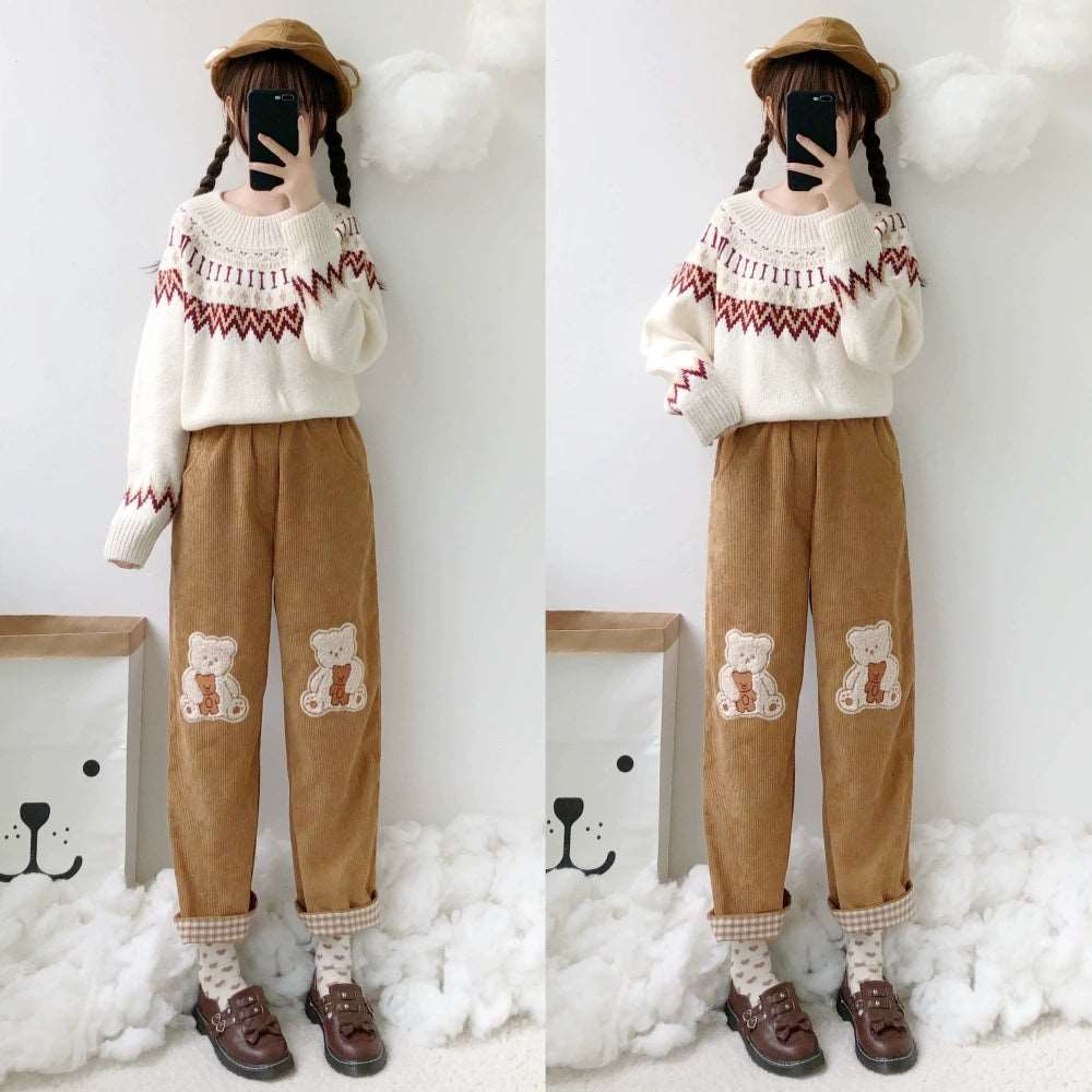 Spring Autumn Winter Bear Teddy Embroidery Wide Leg Trouser Pants