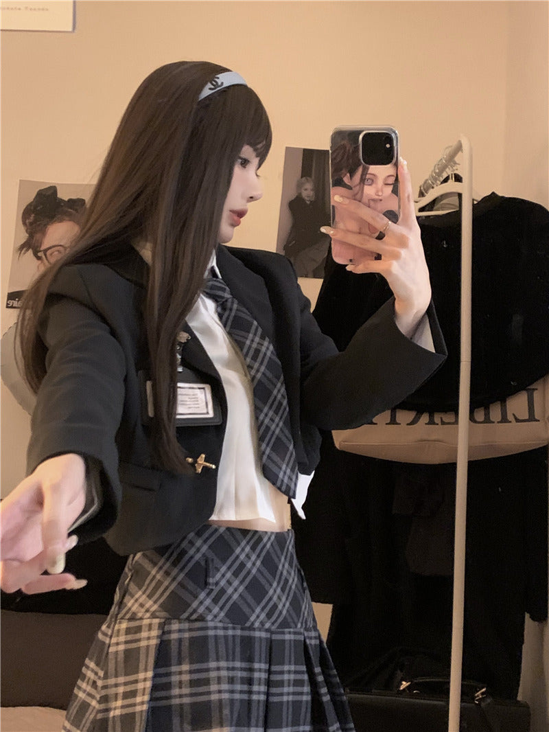 Dark Academia Brown & Navy Blue Blazer Jacket Long Sleeve Shirt Plaid Pleated Skirt Three Piece Set