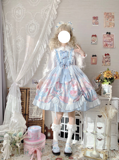 Sugar Girl Rose Rabbit Bunny Pink & Blue Pattern Print Lace Bow Strap Dress