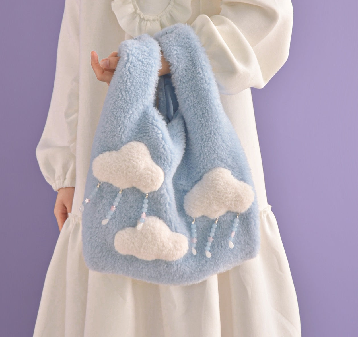 Plush Fluffy Cute Cloud Raindrops Blue Messenger Shoulder Bag & Planet Wallet