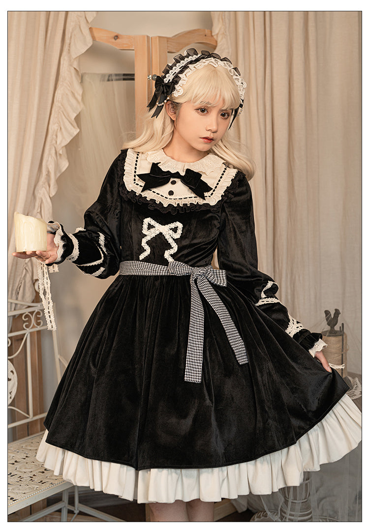 Universal Lolita Gothic Winter Ribbon Black Dress Cloak Two Piece Set