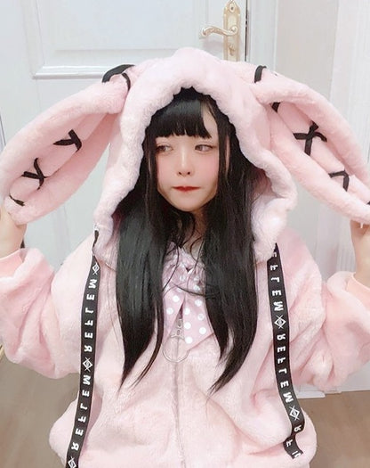 Gothic Soft Fluffy Plush Cross Pattern Rabbit Bunny Ears Pink Black Long Jacket Coat
