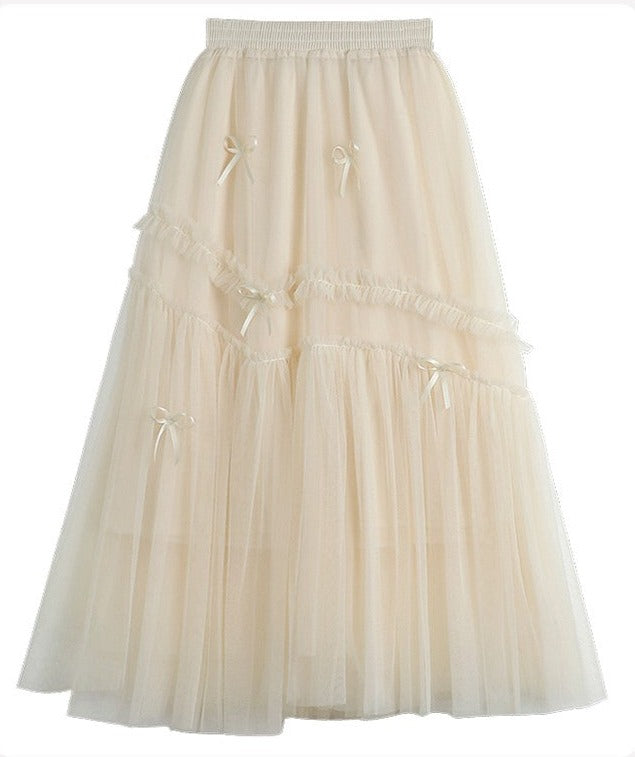 Princess Fairytale Stitching Bow White Cream Pink Black Long Gathered Skirt