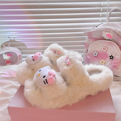 Plush Fluff Cat Kitty Pink Red Bow Furry Winter White Shoes Slippers