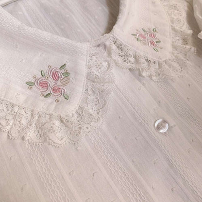 Bouquet of Roses Embroidery Lace Cotton Doll Collar White Shirt Blouse