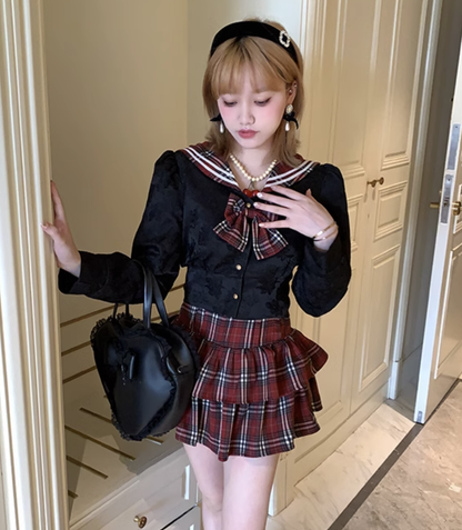 Picnic Girl Dark Red Black Plaid Rose Print Sailor Collar Long Sleeve Top Mini Skirt Two Piece Set