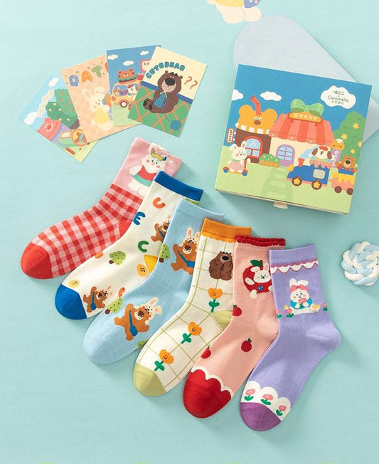 Bear Rabbit Kidcore Children Cute Colorful Pastel Kawaii Girl Cotton Socks 6 Patterns Pairs Sets