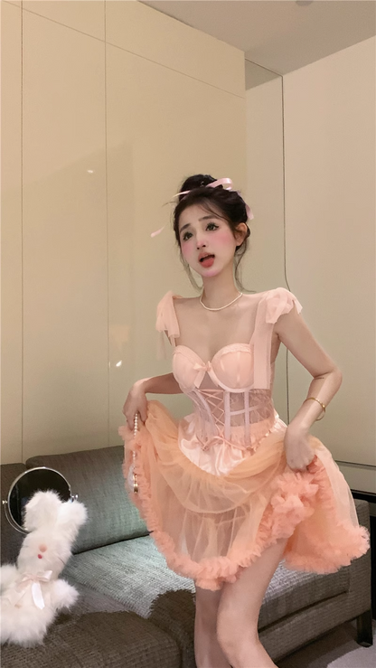 Sweet Pink Balletcore Girl Corset Bow Lace Camisole Top & Tulle Short Skirt Two piece Set