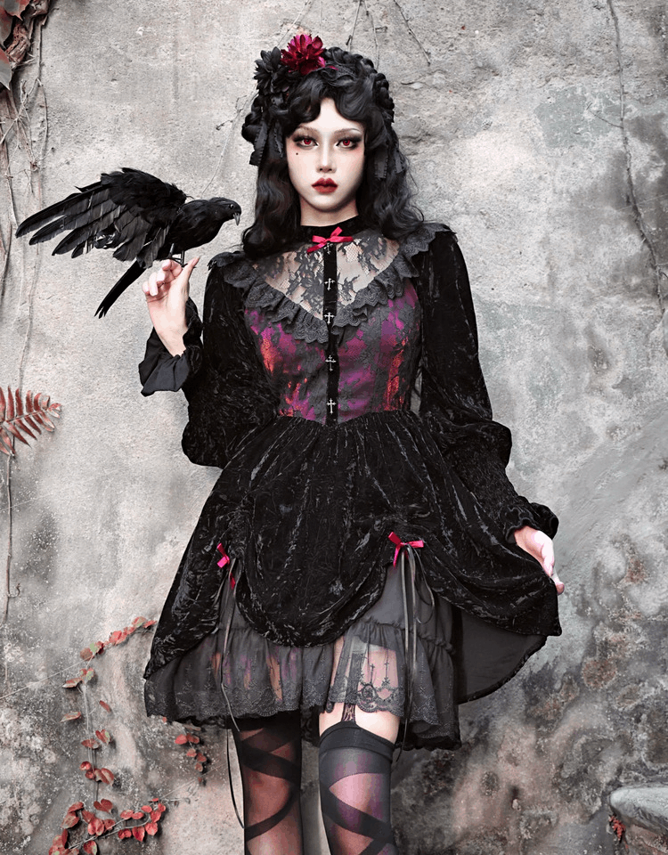 Dark Gothic Dream Rose Lace Drawstring Velvet Puff Sleeve Dress