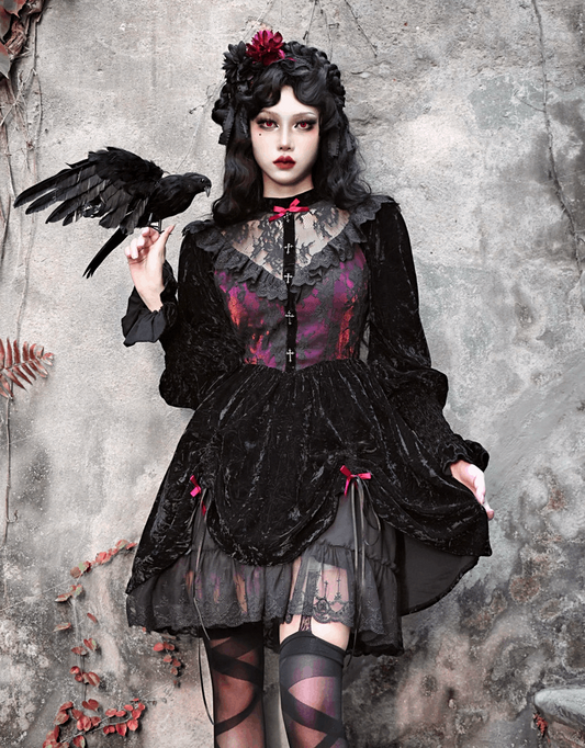 Dark Gothic Dream Rose Lace Drawstring Velvet Puff Sleeve Dress