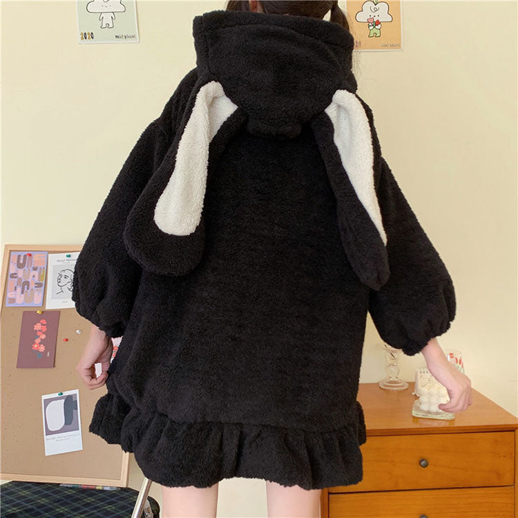 Rabbit Ears Black White Fluffy Winter Coat Jacket