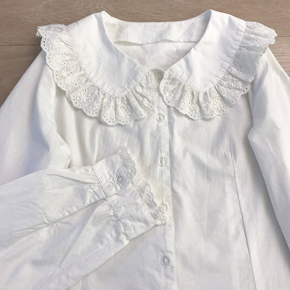 Plain Jane Embroidery Lace Cotton Doll Collar White Shirt Blouse