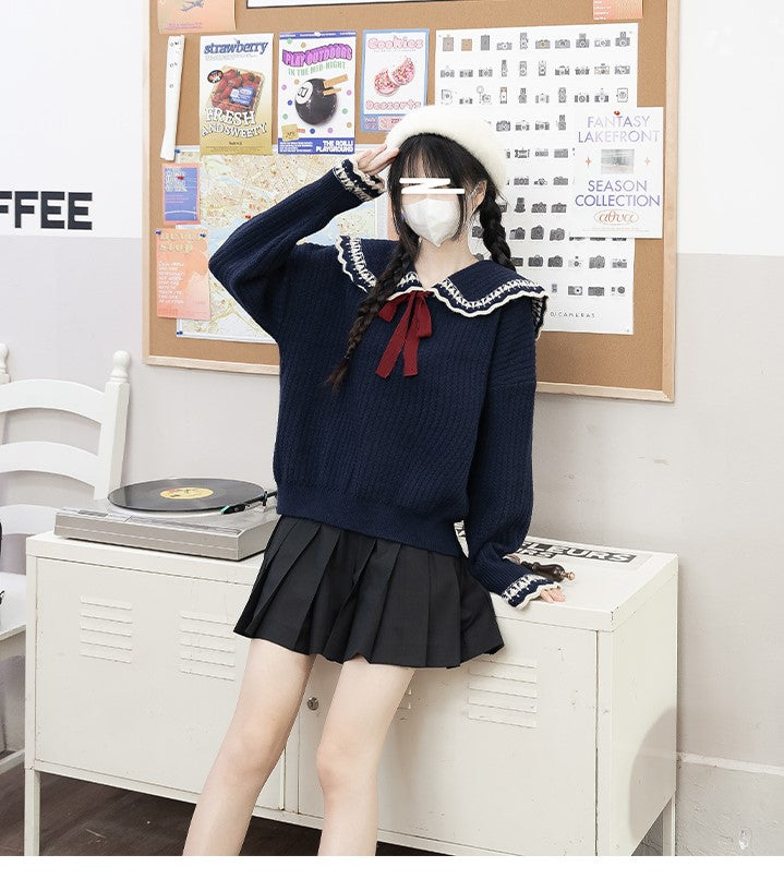 White Navy Brown Sailor Collar Bow Autumn Winter Sweater