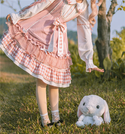 Plus Size Meow Cat Pink White Shirt & Strap Dress & Long Sleeve Dress Three Piece Set