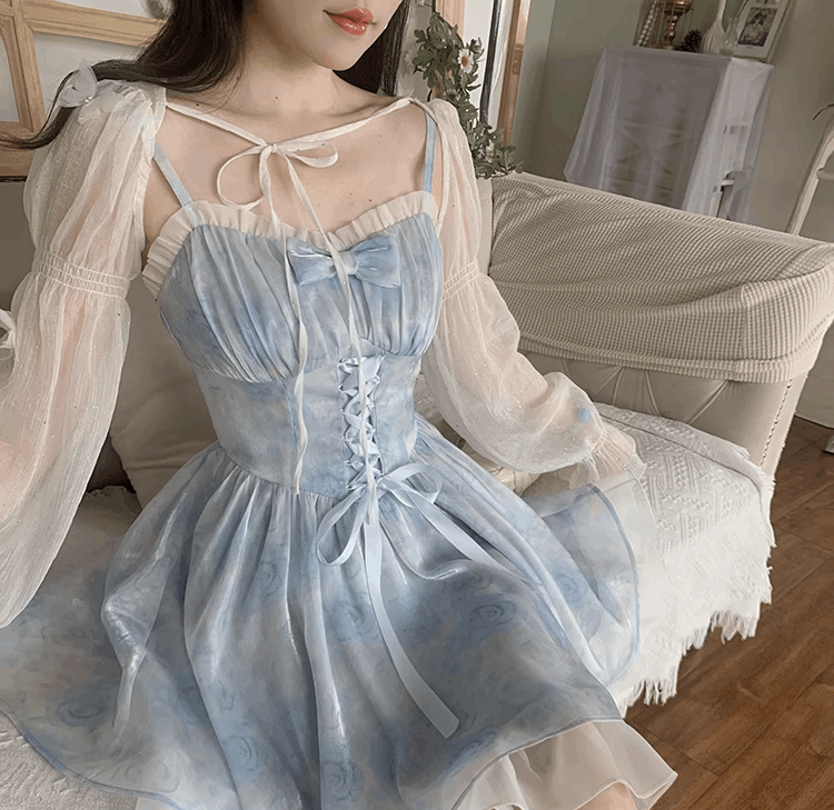 Sky Blue Magic Crystal Sweet Fairy Princess Bow Lace Spring Summer Strap Dress