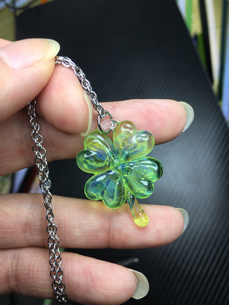 Crystal Transparent Lucky Fortune Four Leaf Clover Power Energy Necklace Pendant