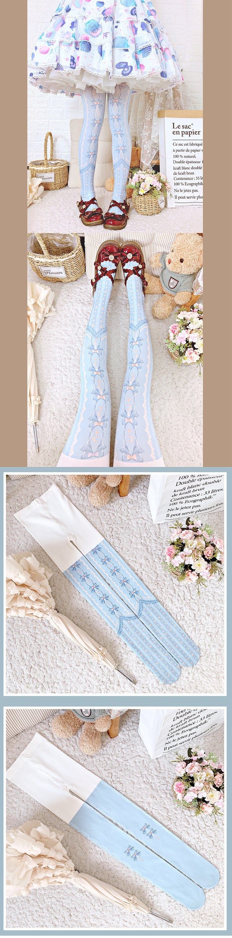 Stars & Moon Sweet Bow Pastel Color Princess Stockings Pantyhose Garment