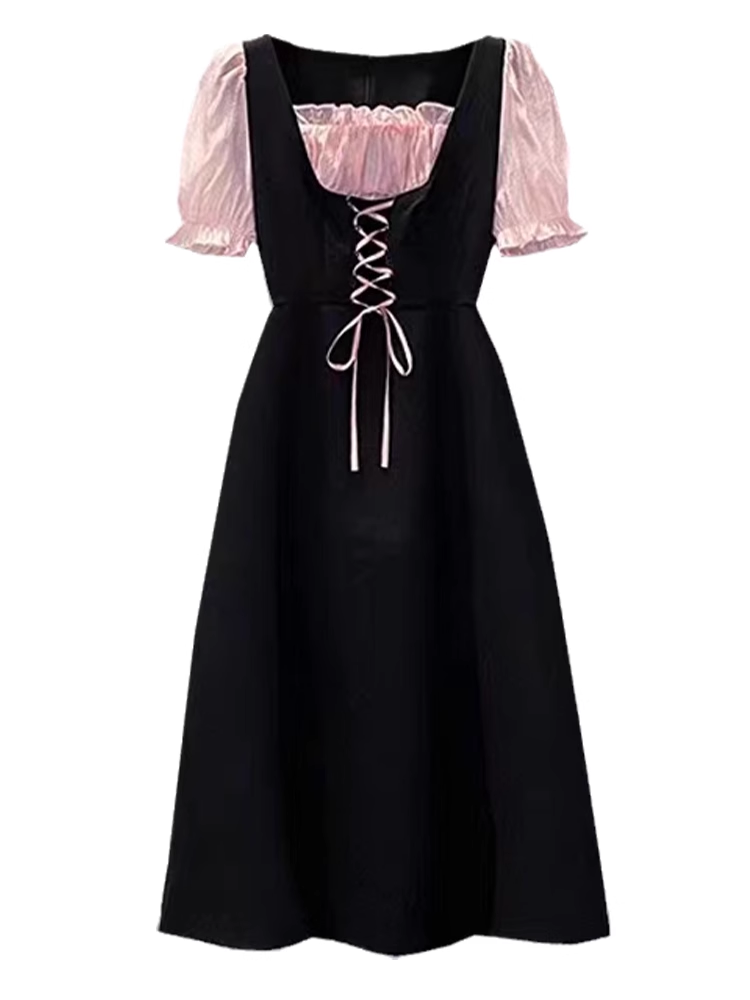 Plus Size Women Sweet Lovely Black Pink Girl Bow Puff Sleeve Dress