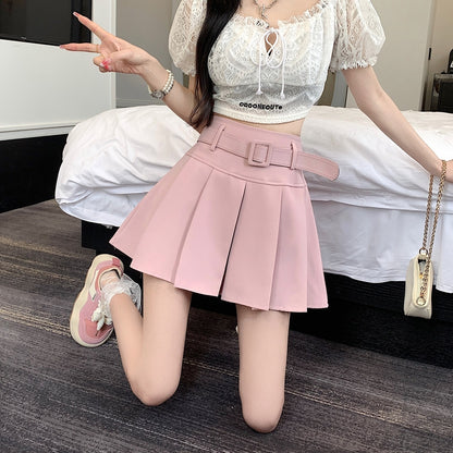 Summer Spring Girl Women White Black Pink High Waist Belt Pleated Skirt