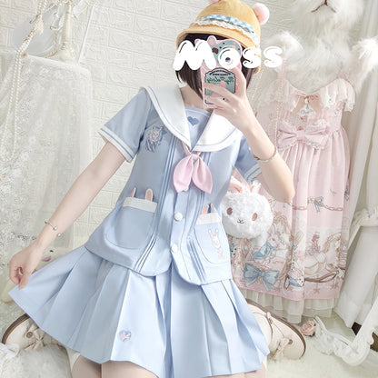 Cute Rabbit Bunny Pastel Blue Sailor Japanese Uniform Seifuku Two Piece Set