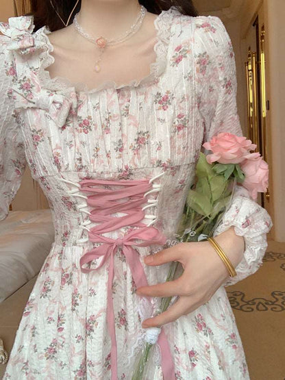 Sweet Fairy French Style Floral White Pink Flowers Long Dress