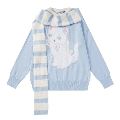 Serendipity Stars Cute Cat Pullover Knitted Embroidery Oversize Sweater