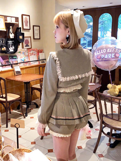 Picnic Girl Gray Pink Bow Sailor Collar Long Sleeve Top Mini Skirt Two Piece Set