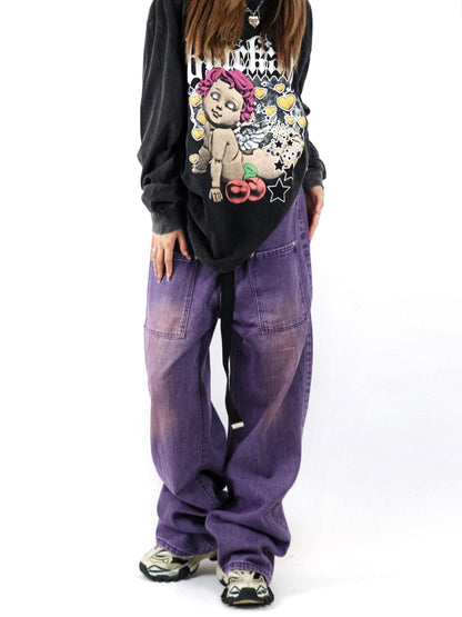 Y2K Loose Wide Leg Gradient Purple Wash Denim Jeans Pants