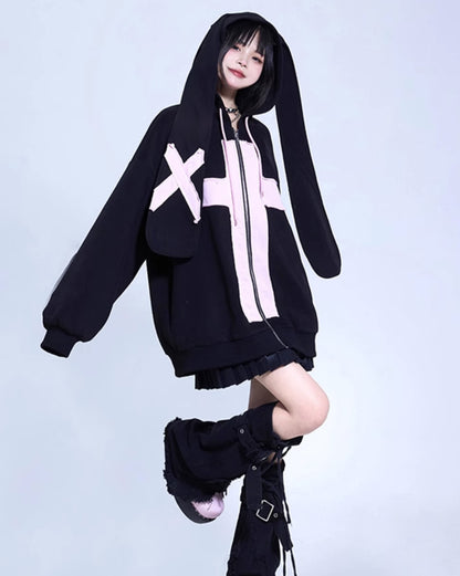 Rabbit Ears Pink Cross Cool Trendy Goth Sweatshirt Jacket Oversize Black Hoodie