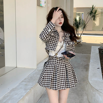 Retro Tweed Black & White Jacket & Skirt Two Piece Set