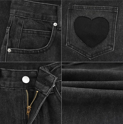 Street Black & Gray Heart High Waist Jeans Pants