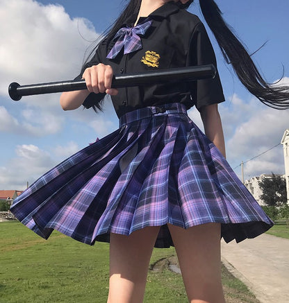 Mystery Dream Black Purple Plaid Pattern Japanese School Student Uniform Seifuku Mini Skirt