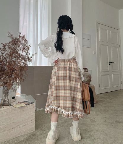 Retro Sweet Girl Brown Plaid Fur Ball Decorated Border Long Elastic Waist Skirt