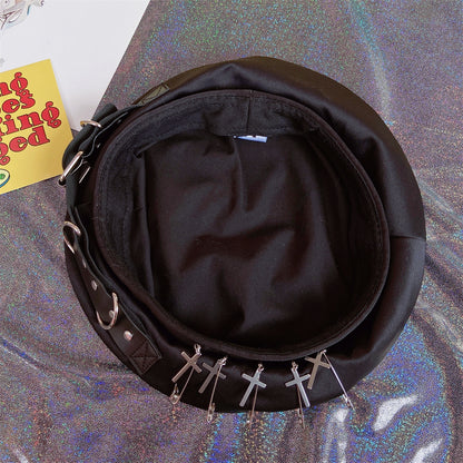 Harajuku Gothic Doll Black Leather Strap Pin Cross Beret Hat