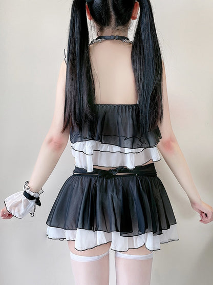 Sexy Maid Cat Girl Cosplay Pink & Black Top Skirt Two Piece Set