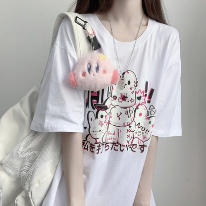 Don't Hit the Bunny Rabbit Black White Print Cotton Short Sleeved Oversize T-shirt