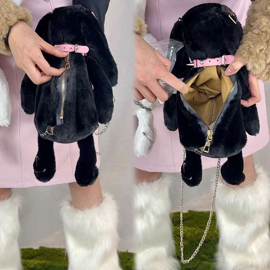 Black White Rabbit Doll Cute Plush Chain Star Love Collar Messenger Bag