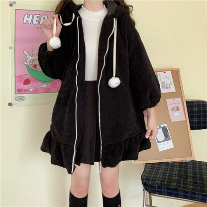 Rabbit Ears Black White Fluffy Winter Coat Jacket