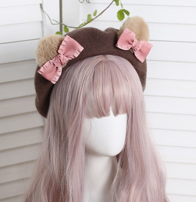 Cute Teddy Bear Ears with Bow Painter Beret Hat