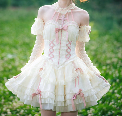 White Pink Sweet Fairycore Princess Halter Neck Suspender Corset Bow Ribbon Dress