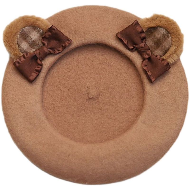 Cute Furry Teddy Bear Ears Bow Beret Hat