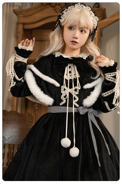 Universal Lolita Gothic Winter Ribbon Black Dress Cloak Two Piece Set