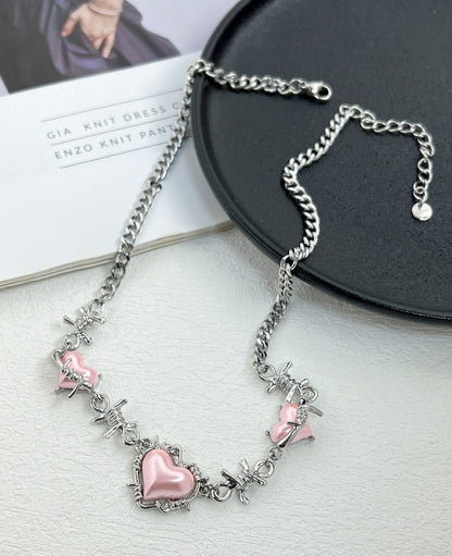 Silver Thorn Chain Jewelry Pink Heart Love Pendant Necklace