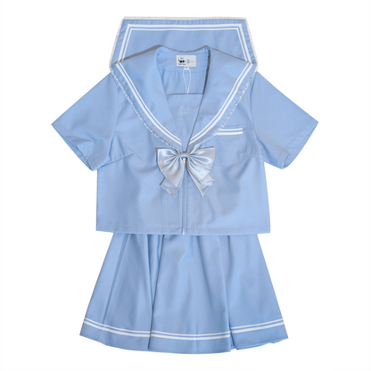 Plus Size Women Sky Blue Cute Japanese Student Sailor Uniform Seifuku Shirt & Skirt Two Piece Set