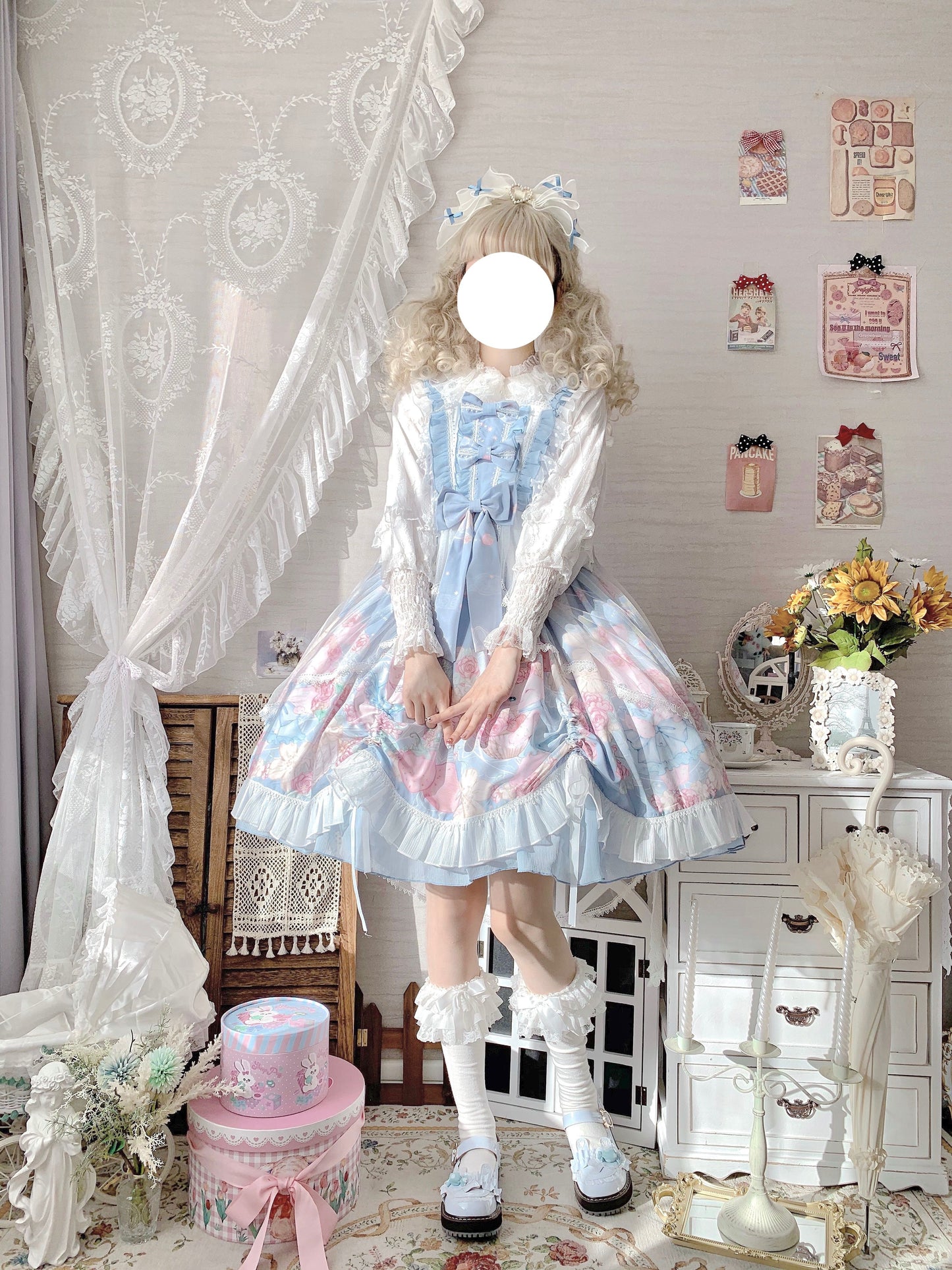 Sugar Girl Rose Rabbit Bunny Pink & Blue Pattern Print Lace Bow Strap Dress