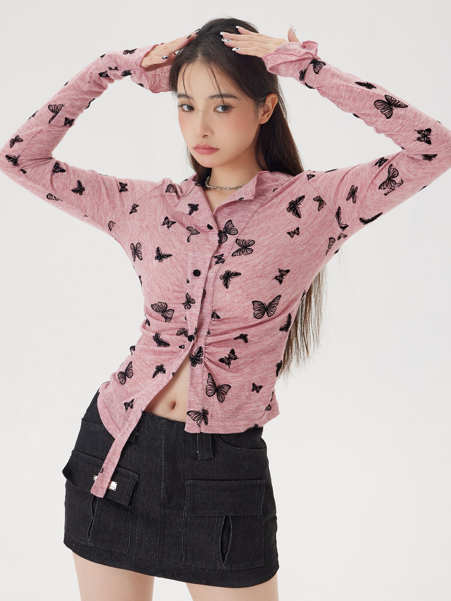 Y2K Butterfly Pink Black Pattern Top Shirt