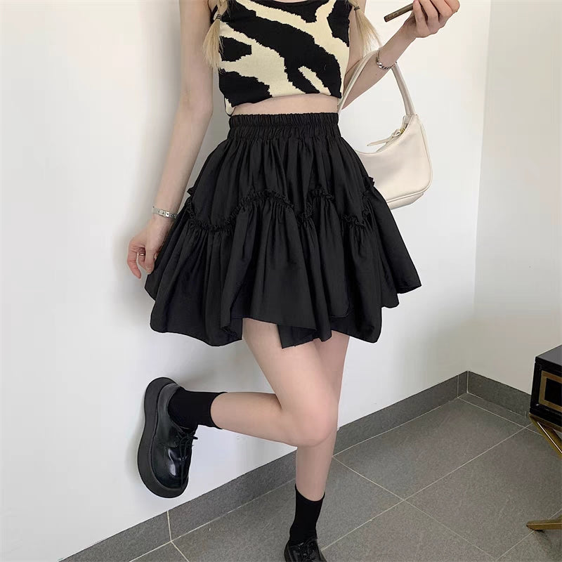 Coquette Summer Spring Girl Women White Black High Waist Gathered A Line Skirt