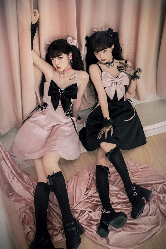 Bow Pretty Girl Black Pink Velvet Strap Skirt Dress