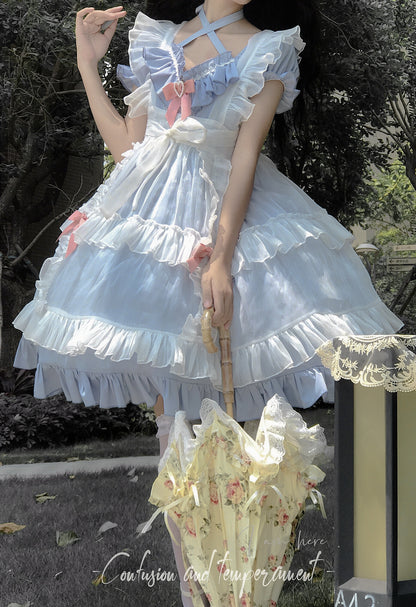 Elegant Magical Girl Blue Lace Dress with Pink Ribbon & White Apron