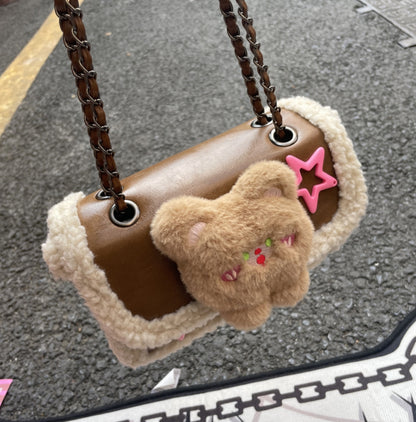 Y2K Teddy Bear Plush Star PU Brown Leather Messenger Handbag Bag